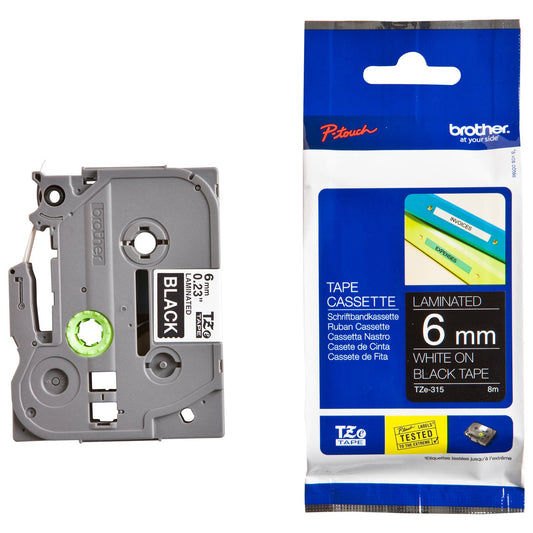 BROTHER TZE315 6MM WHITE ON BLK