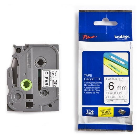 BROTHER TZE111 6MM BLK ON CLEAR